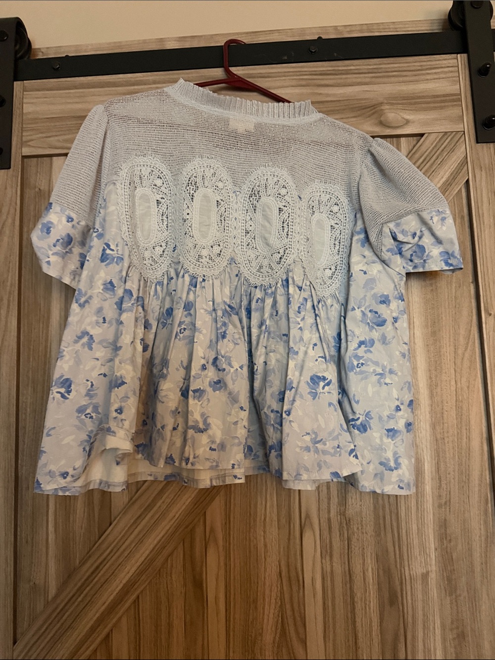 Anthropologie Light Blue Crochet Yoke Floral Babydoll Top - Picture 2 of 7
